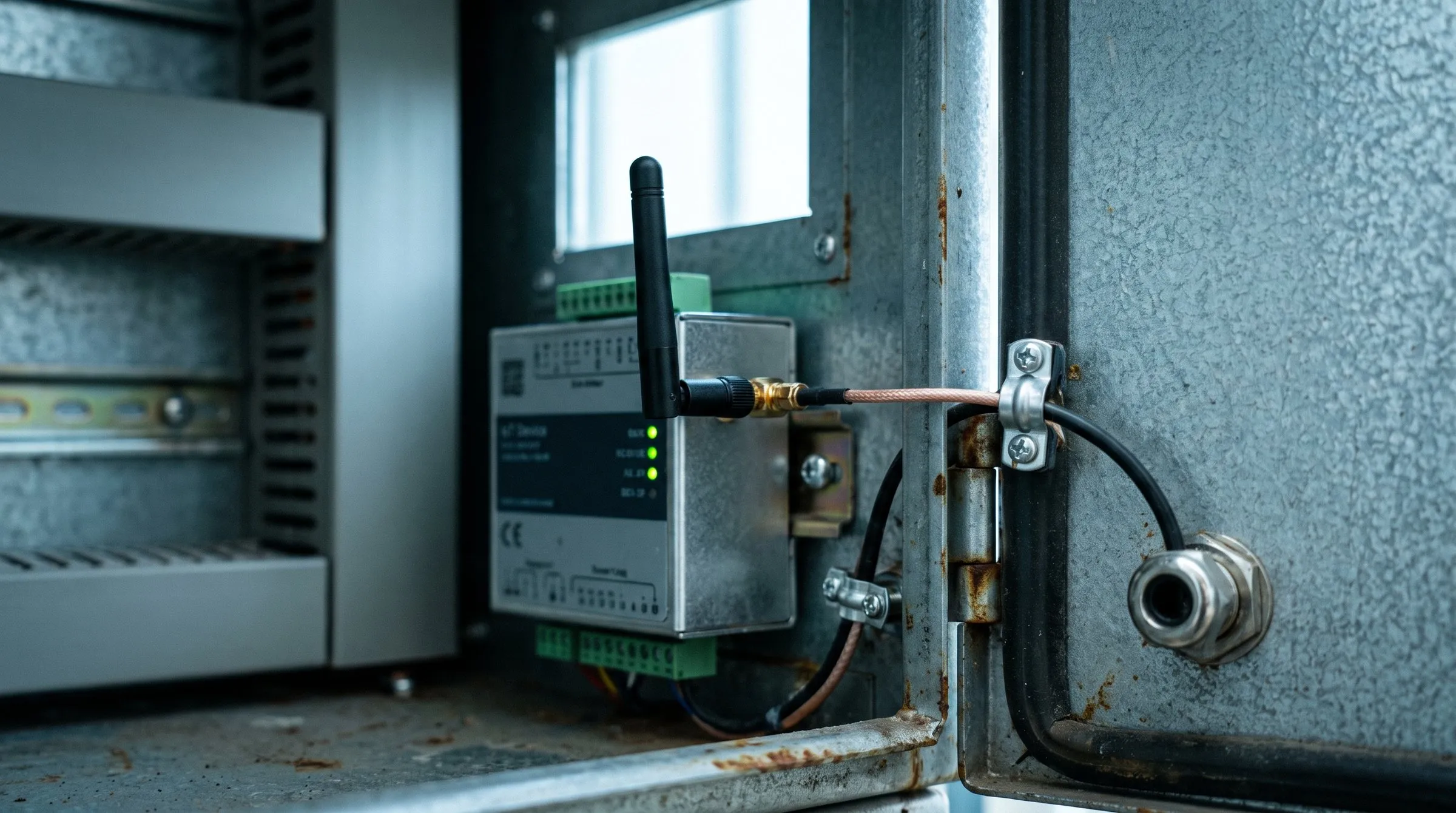 Funkmodul mit Stabantenne in einem geöffneten Blechschrank; das Antennenkabel führt durch eine Verschraubung nach außen.