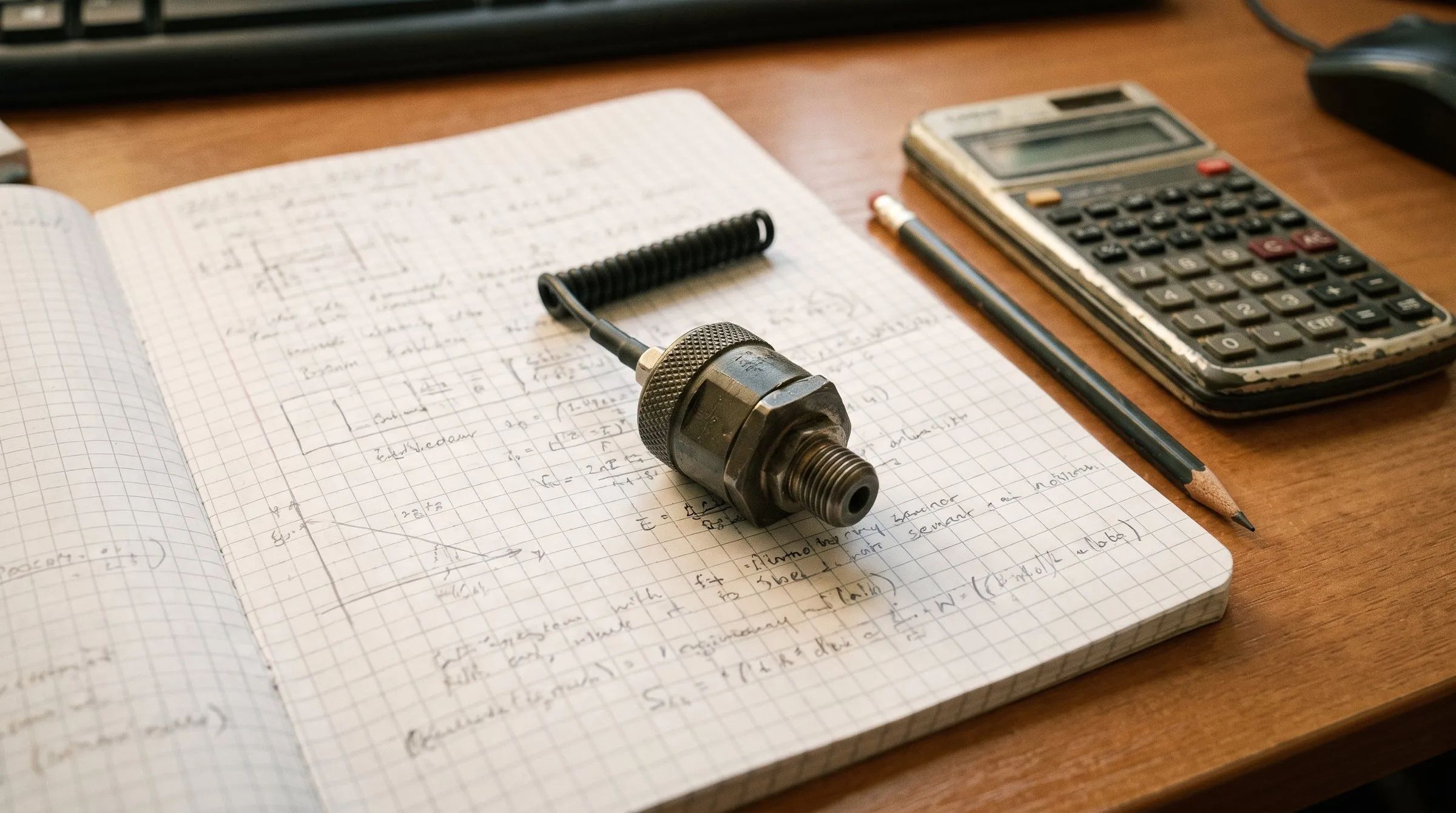 Aufgeschlagenes Rechenheft mit handschriftlicher Überschlagsrechnung, darauf ein Sensor mit Anschlussgewinde, daneben ein Taschenrechner.
