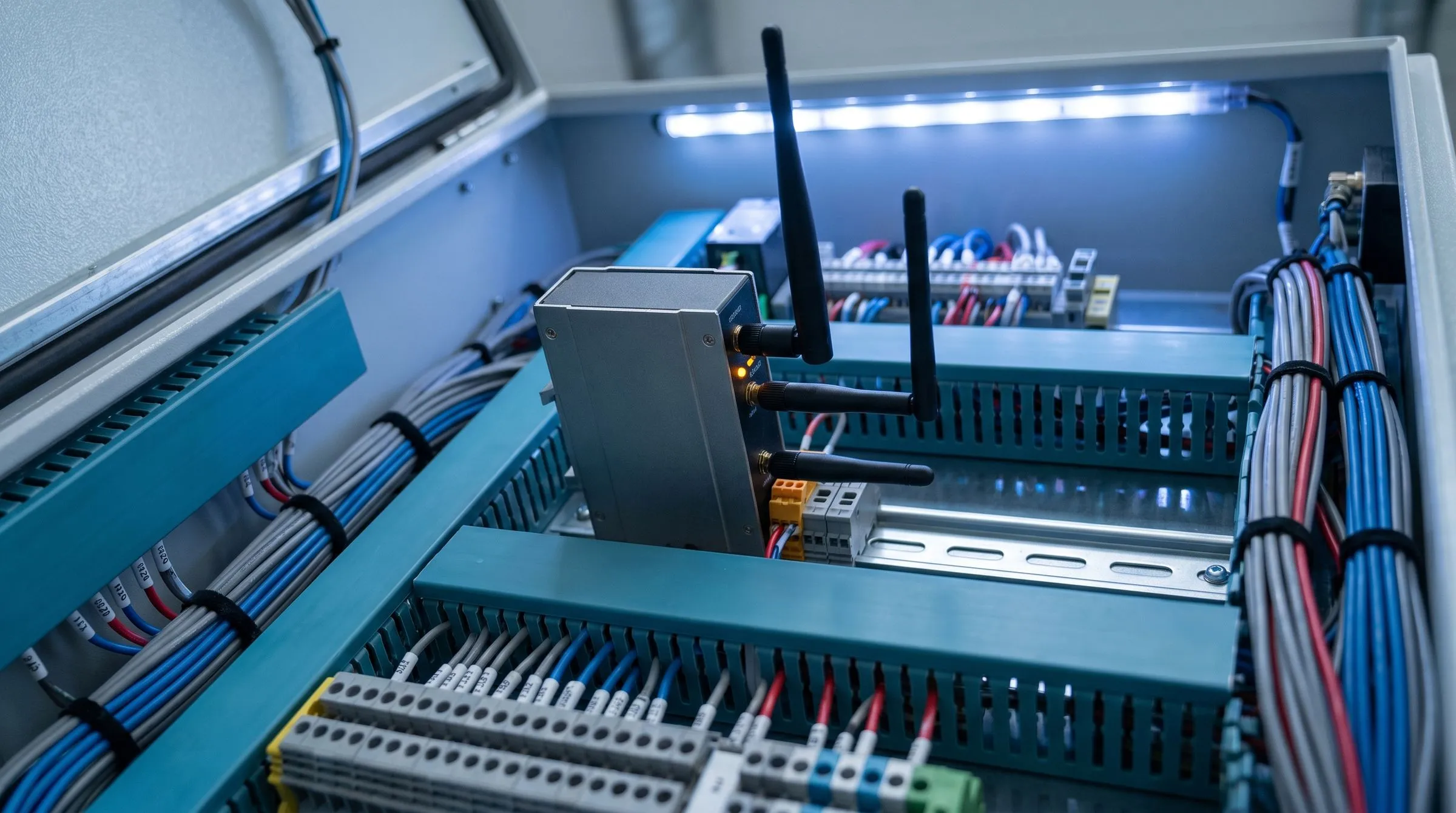 Industrieller Router mit Antennen in einem offenen Schaltschrank — Sinnbild für ein IoT-Gerät, das über eine SIM-Karte mit dem Mobilfunknetz verbunden ist.