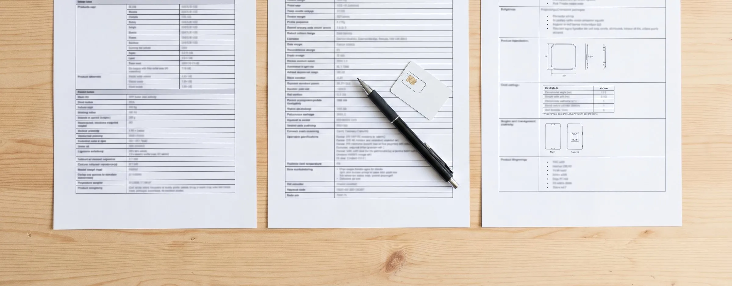 Drei Datenblätter nebeneinander auf einer Holzfläche, auf dem mittleren liegen ein Stift und eine SIM-Karte.