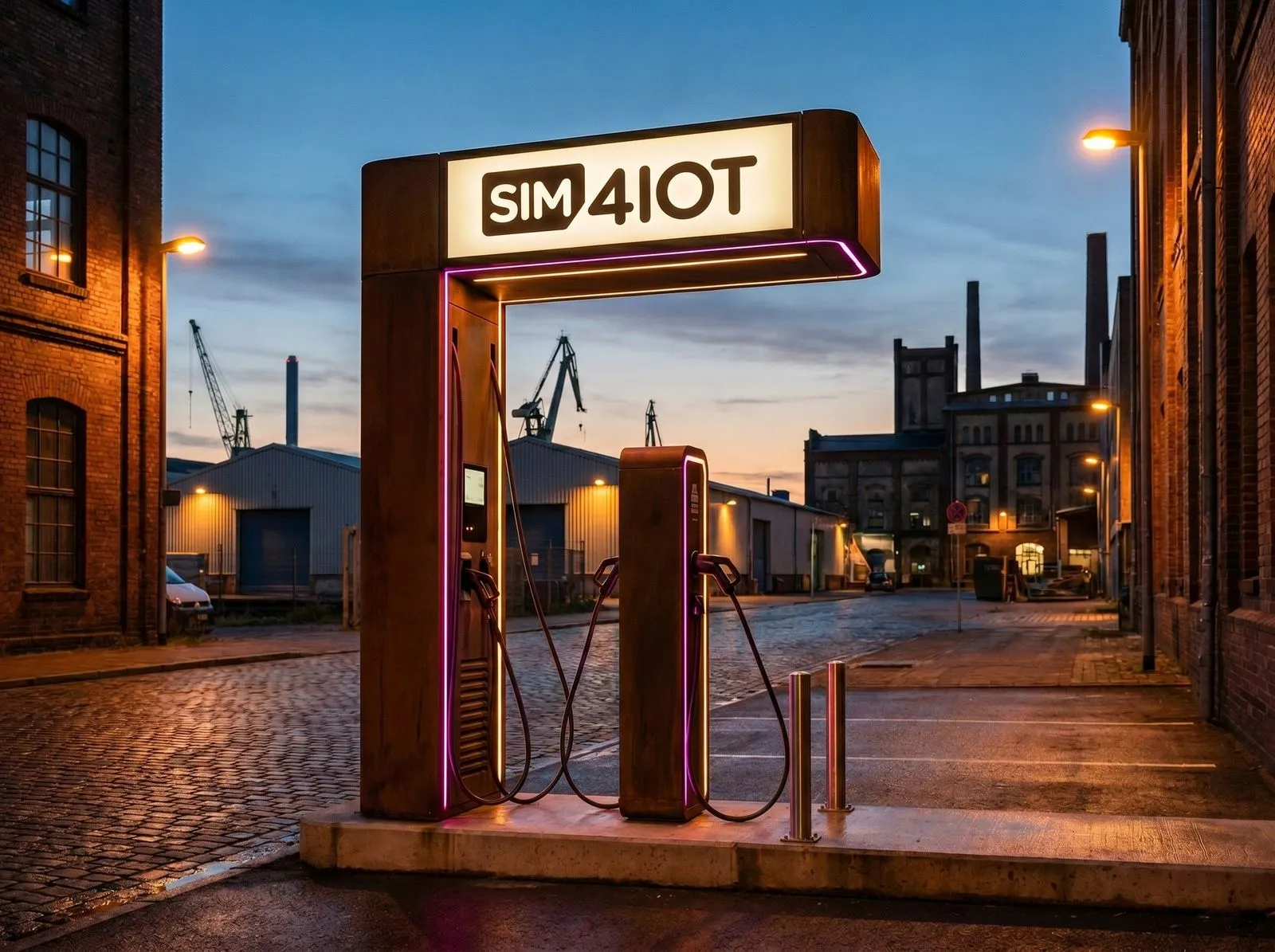 Ladesäule mit SIM4IOT-Kennzeichnung auf einem Parkplatz.