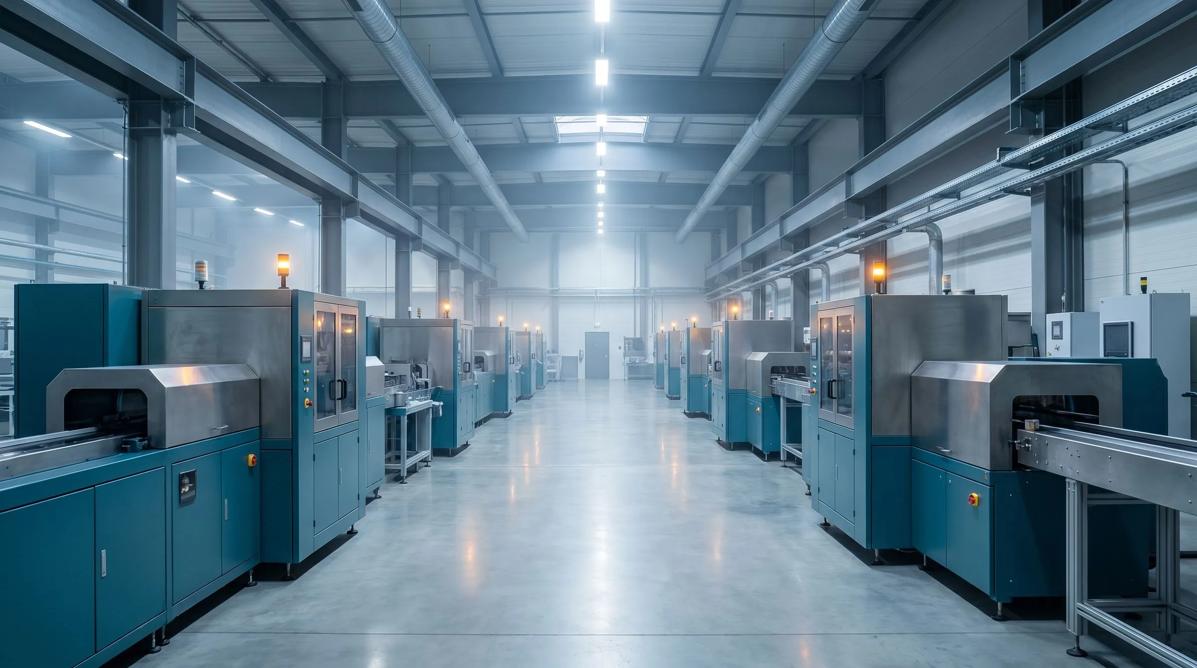 Automatisierte Fertigungslinie in einer hellen Halle, an jeder Station leuchtet eine Statusleuchte.
