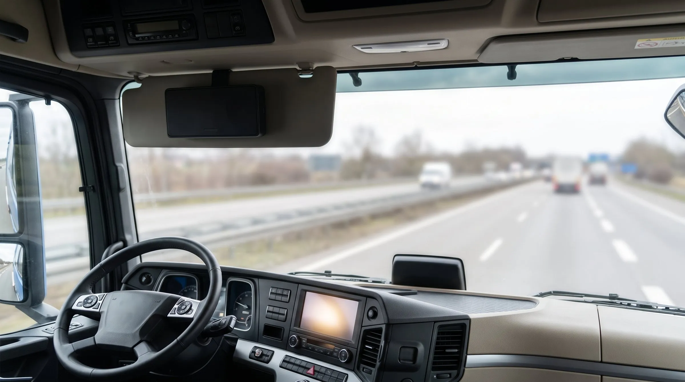 Blick aus der Fahrerkabine eines Lastwagens auf die Autobahn, im Armaturenbrett das Bediengerät der Freisprechanlage.