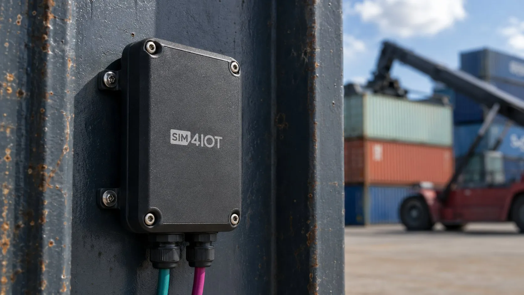 Tracker-Gerät mit SIM4IOT-Kennzeichnung an einem Frachtcontainer — Sinnbild für Geräte, die unbeaufsichtigt im öffentlichen Raum stehen.