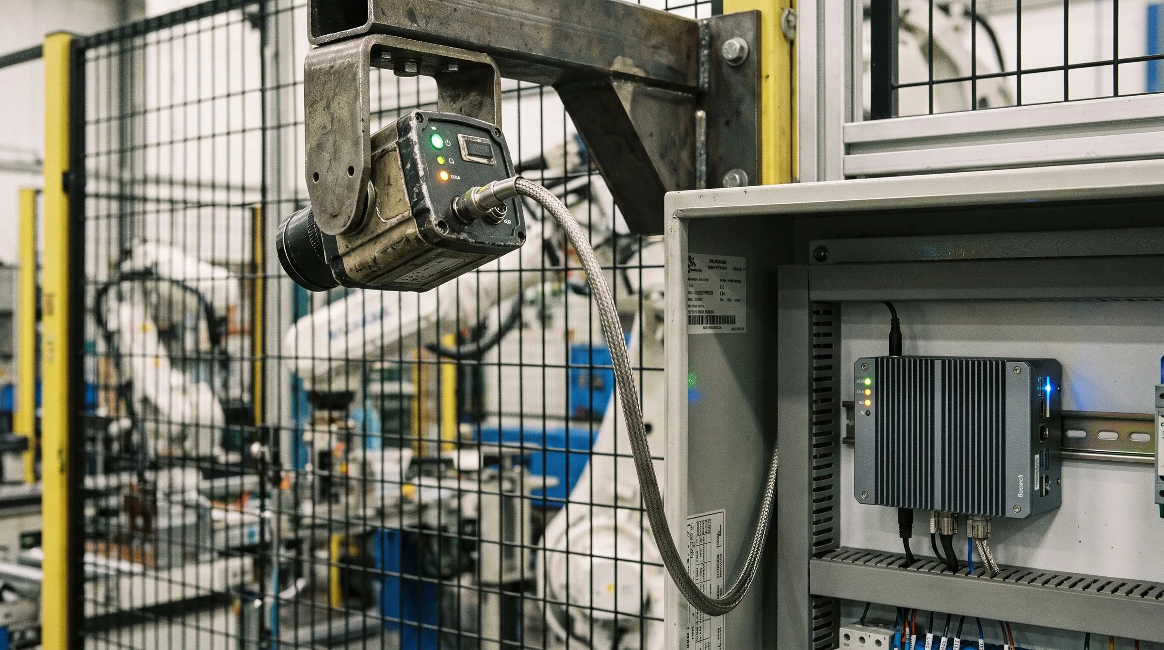 Industriekamera an einer Roboterzelle, daneben ein Edge-Rechner im offenen Schaltschrank.