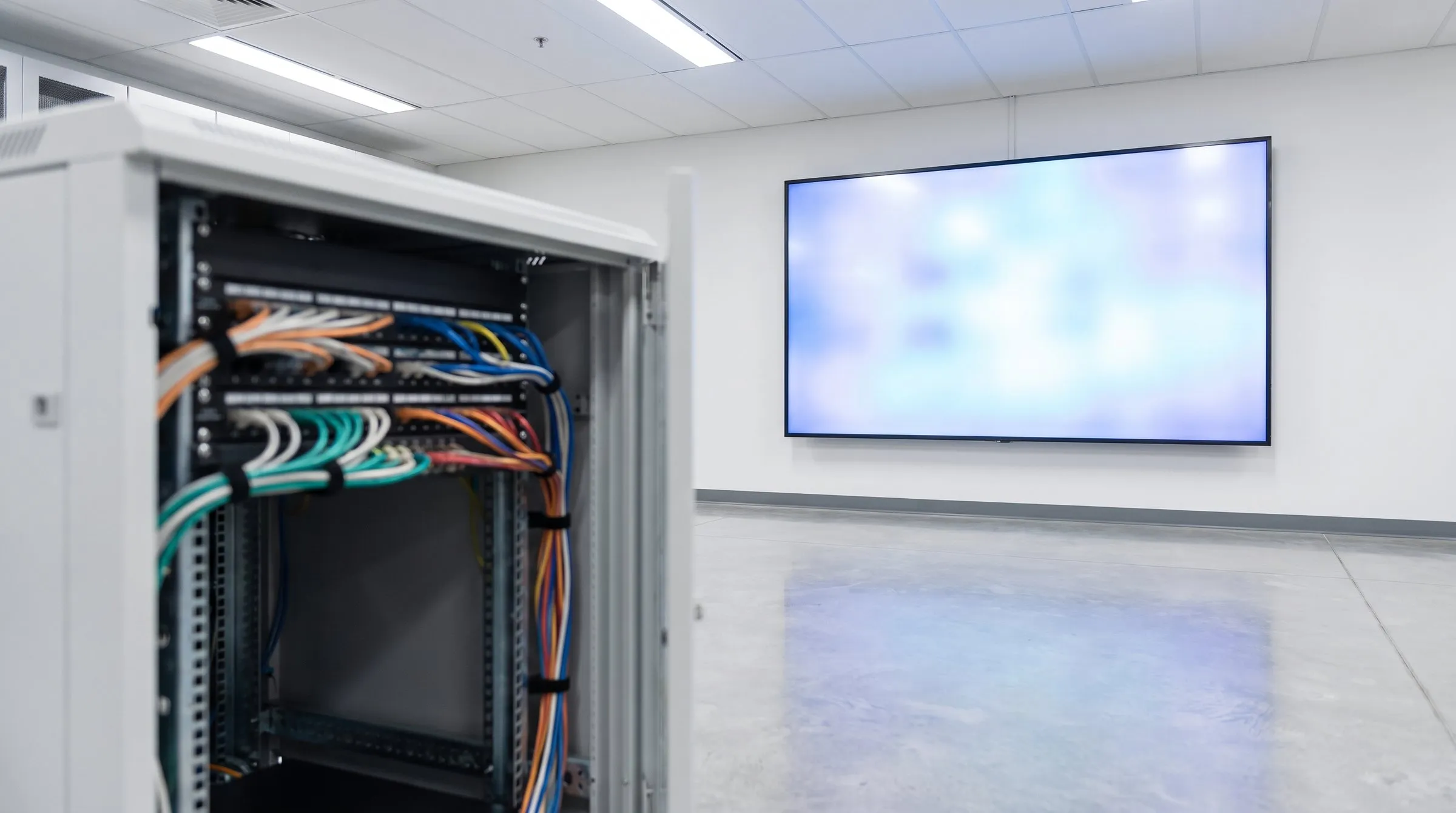 Ein Bildschirm mit Überwachungsansicht steht vor einem geöffneten Technikschrank.