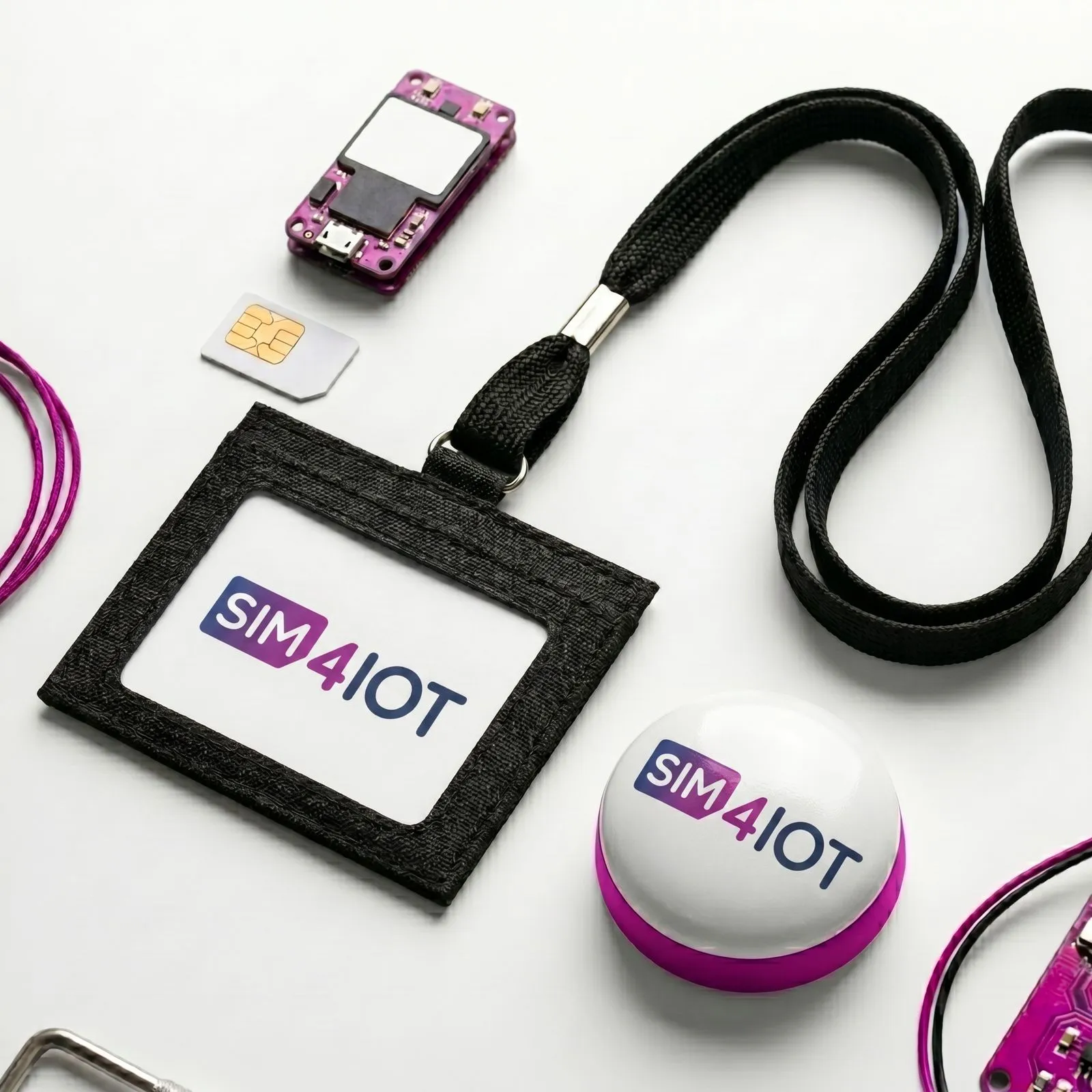 Schlüsselband, SIM-Karte und Tracker von SIM4IOT.
