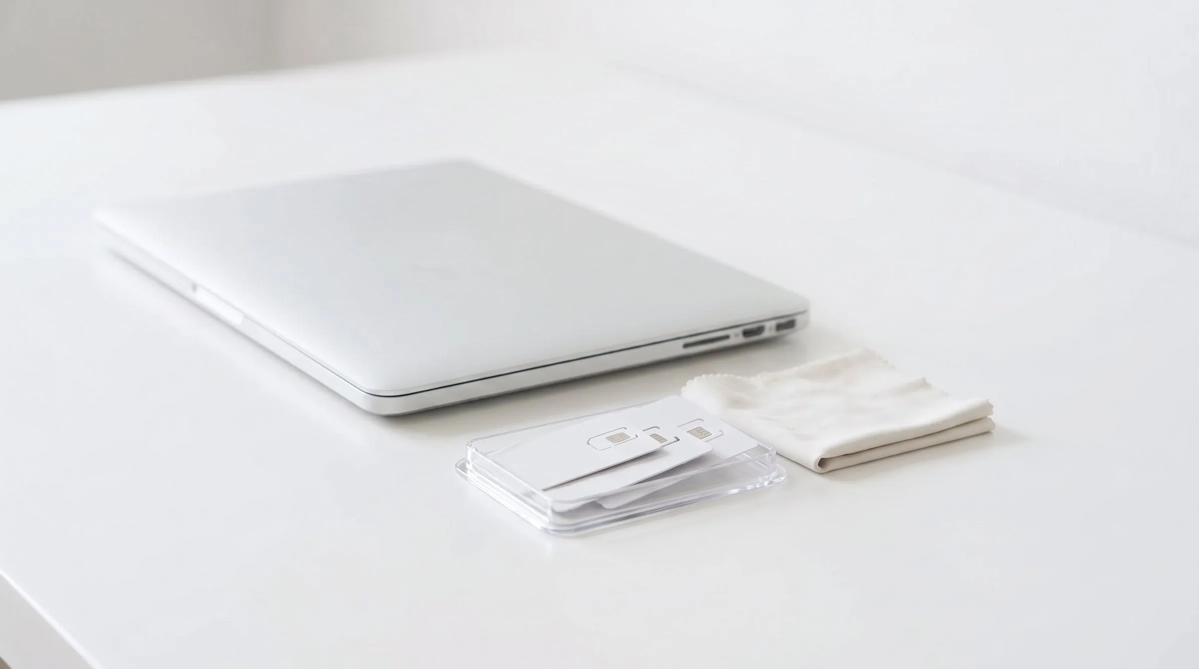 Geschlossenes Notebook auf einer hellen Fläche, davor eine Schale mit unbedruckten SIM-Karten.