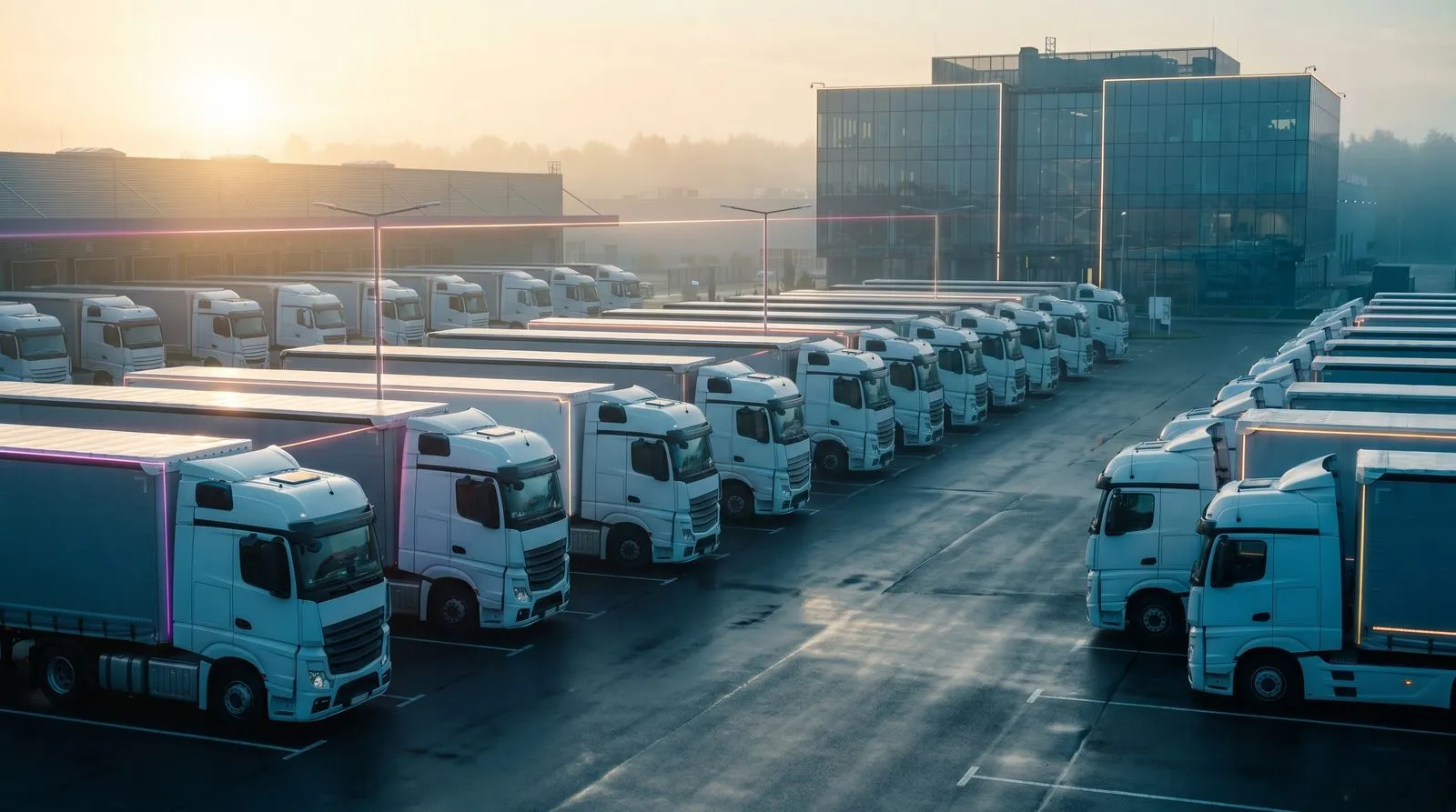 Lkw-Flotte auf einem Depot-Hof — Sinnbild für Fahrzeugflotten, deren Funkmodule vor der 2G-Abschaltung umgestellt werden müssen.
