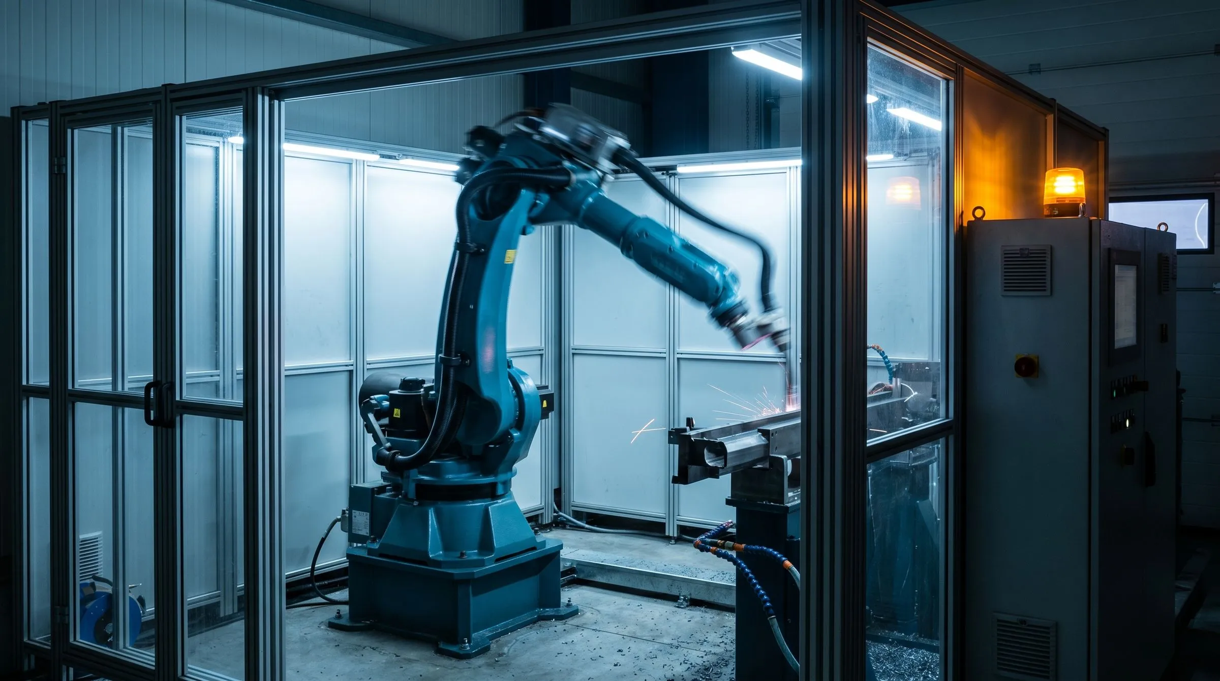 Roboterzelle in einer Fertigungslinie — Sinnbild für Geräte, deren Bauform und SIM-Technik in der Serienproduktion festgelegt werden.