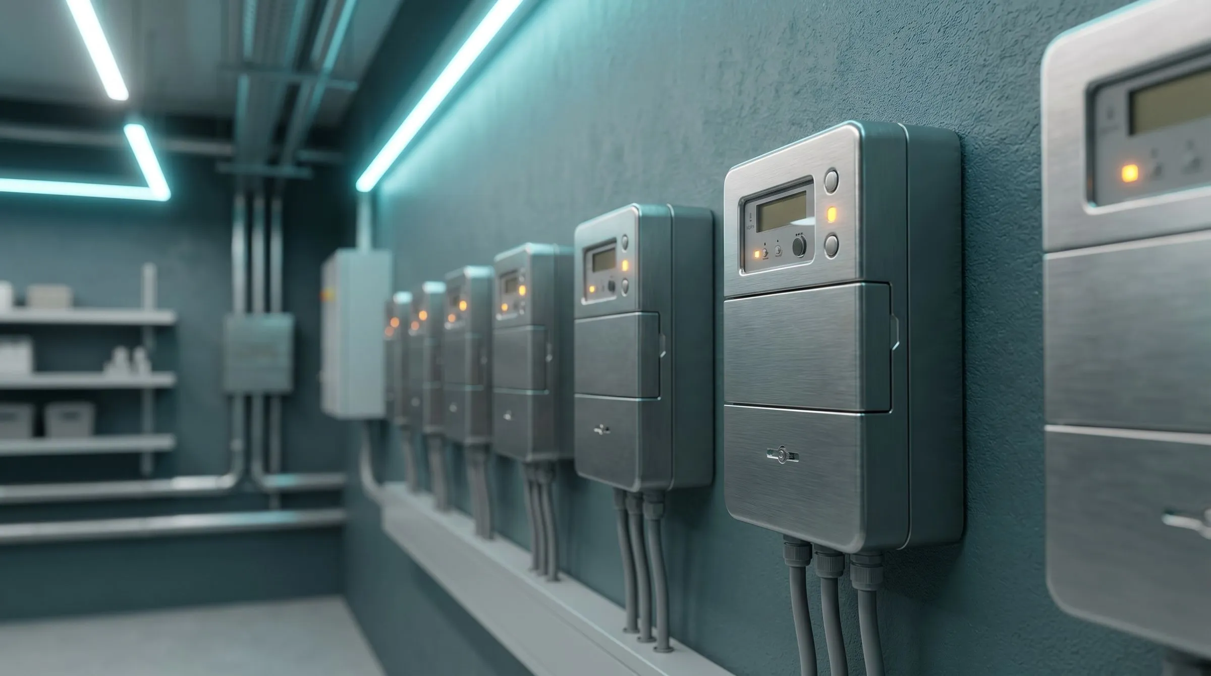 Reihe von Smart-Meter-Gateways in einem Technikraum.