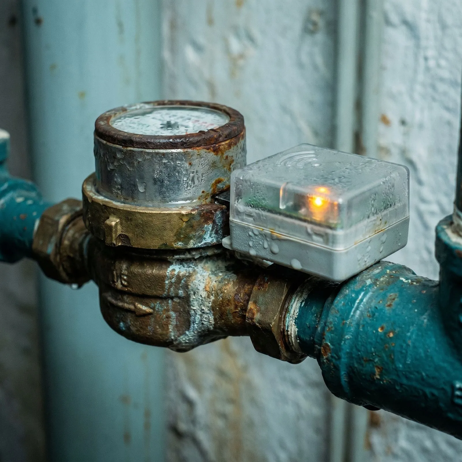 Wasserzähler mit aufgesetztem Funkmodul in Nahaufnahme — Sinnbild für ein batteriebetriebenes Gerät, das über Jahre ohne Wartung meldet.