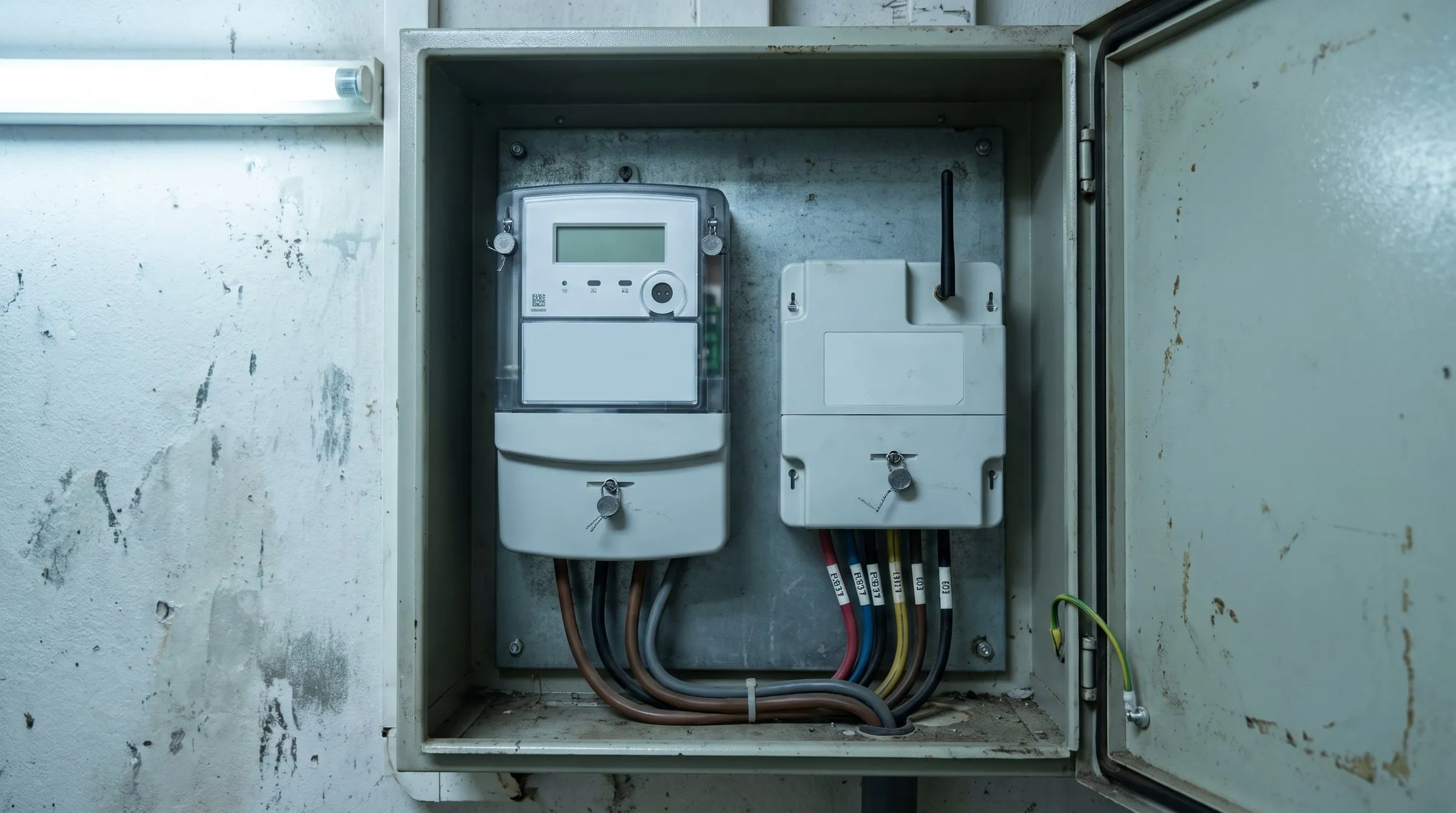 Geöffneter Zählerschrank mit digitalem Stromzähler und daneben montiertem Funkmodul mit Antenne.