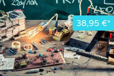 SIM4IOT Entwickler-Set Entwickler-Werkstatt mit leuchtender Glühbirne und Werkzeug